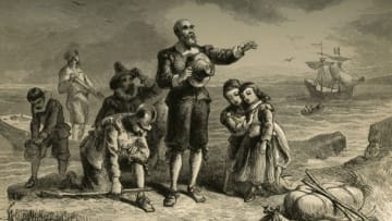 Landing of the Pilgrims', (1877). In 1620, a group of Puritans left Plymouth in England on 'The Mayflower' and arrived on the east coast of what is now the United States of America. Their landing site is known as Plymouth Rock. The settlers founded the Plymouth Colony in Massachusetts. From "Our Country: a Household History for All Readers, from the Discovery of America to the Present Time", Volume 1, by Benson J. Lossing. [Johnson & Miles, New York, 1877]. Artist Albert Bobbett. (Photo by The Print Collector/Getty Images)