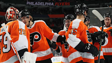 PHILADELPHIA, PA - DECEMBER 03: Members of the Philadelphia Flyers celebrate after defeating the Toronto Maple Leafs 6-1 on December 3, 2019 at the Wells Fargo Center in Philadelphia, Pennsylvania. (Photo by Len Redkoles/NHLI via Getty Images)