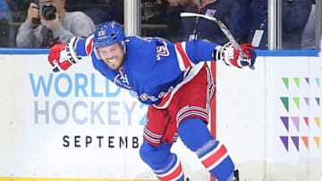 Mar 21, 2016; New York, NY, USA; New York Rangers left wing Viktor Stalberg (25) reacts after scoring a goal against the Florida Panthers during the first period at Madison Square Garden. Mandatory Credit: Brad Penner-USA TODAY Sports