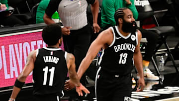 NEW YORK, NEW YORK - MAY 22: James Harden #13 and Kyrie Irving #11 of the Brooklyn Nets (Photo by Steven Ryan/Getty Images)