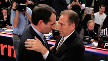 Duke basketball head coach Mike Krzyzewski and Michigan State's Tom Izzo shake hands. (Photo by Chris Trotman/Getty Images)