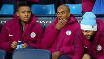 MANCHESTER, ENGLAND - DECEMBER 03: Gabriel Jesus of Manchester City (L), Fernandinho of Manchester City and Bernardo Silva of Manchester City (R) on the bench during the Premier League match between Manchester City and West Ham United at Etihad Stadium on December 3, 2017 in Manchester, England. (Photo by Clive Brunskill/Getty Images)