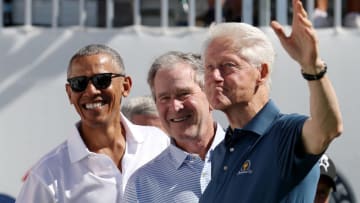 JERSEY CITY, NJ - SEPTEMBER 28: (L-R) Former U.S. Presidents Barack Obama, George W. Bush and Bill Clinton (Photo by Rob Carr/Getty Images)