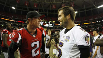 Sep 3, 2015; Atlanta, GA, USA; Atlanta Falcons quarterback Matt Ryan (2) talks to Baltimore Ravens quarterback Joe Flacco (5) after a game at the Georgia Dome. The Ravens defeated the Falcons 20-19. Mandatory Credit: Brett Davis-USA TODAY Sports