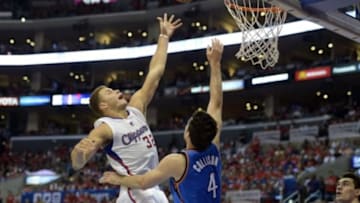 May 15, 2014; Los Angeles, CA, USA; Los Angeles Clippers forward Blake Griffin (32) shoots against Oklahoma City Thunder forward Nick Collison (4) during the third quarter in game six of the second round of the 2014 NBA Playoffs at Staples Center. Mandatory Credit: Richard Mackson-USA TODAY Sports