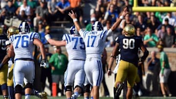 Sep 24, 2016; South Bend, IN, USA; Duke Blue Devils quarterback Daniel Jones (17) reacts after throwing a touchdown pass in the second quarter against the Notre Dame Fighting Irish at Notre Dame Stadium. Mandatory Credit: Matt Cashore-USA TODAY Sports