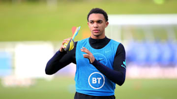 BURTON-UPON-TRENT, ENGLAND - OCTOBER 10: Trent Alexander-Arnold of England plays Nerf ball during a training session at St Georges Park on October 10, 2019 in Burton-upon-Trent, England. (Photo by Alex Livesey/Getty Images)