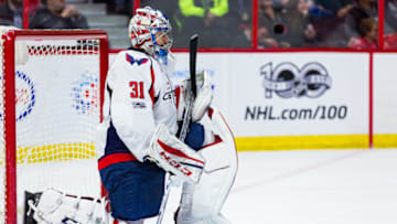 OTTAWA, ON - JANUARY 24: Washington Capitals Goalie Philipp Grubauer (31) takes a knee as he waits during TV time out during second period National Hockey League action between the Washington Capitals and Ottawa Senators on January 24, 2017, at Canadian Tire Centre in Ottawa, ON, Canada. (Photo by Richard A. Whittaker/Icon Sportswire via Getty Images)