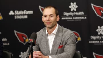 NFL Power Rankings, Aaron Rodgers: New Arizona Cardinals head coach Jonathan Gannon smiles during a press conference at Dignity Health Arizona Cardinals Training Center on February 16, 2023 in Tempe, Arizona. (Photo by Chris Coduto/Getty Images)