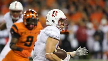 Sep 25, 2015; Corvallis, OR, USA; Stanford Cardinal running back Christian McCaffrey (5) runs the ball for a touchdown in the fourth quarter against the Oregon State Beavers at Reser Stadium. Mandatory Credit: Scott Olmos-USA TODAY Sports