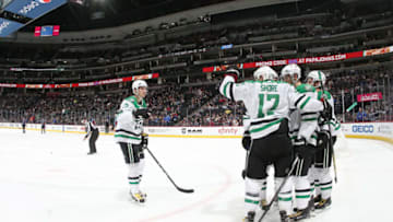 DENVER, CO - DECEMBER 3: Members of the Dallas Stars celebrate a goal against the Colorado Avalanche at the Pepsi Center on December 3, 2017 in Denver, Colorado. The Stars defeated the Avalanche 7-2. (Photo by Michael Martin/NHLI via Getty Images)