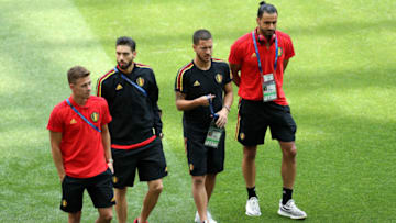MOSCOW, RUSSIA - JUNE 23: (L-R) Thorgan Hazard, Yannick Carrasco, Eden Hazard and Nacer Chadli of Belgium walk on the pitch prior to the 2018 FIFA World Cup Russia group G match between Belgium and Tunisia at Spartak Stadium on June 23, 2018 in Moscow, Russia. (Photo by Catherine Ivill/Getty Images)
