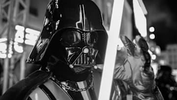 LONDON, ENGLAND - DECEMBER 18: (EDITORS NOTE: Image has been converted to black and white) Darth Vader at the European premiere of "Star Wars: The Rise of Skywalker" at Cineworld Leicester Square on December 18, 2019 in London, England. (Photo by Gareth Cattermole/Getty Images for Disney)