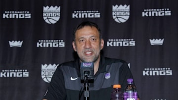 SACRAMENTO, CA - APRIL 15 : Vlade Divac introduces Luke Walton as the new Head Coach of the Sacramento Kings at a press conference on April 15, 2019 at the Golden 1 Center in Sacramento, California. NOTE TO USER: User expressly acknowledges and agrees that, by downloading and/or using this Photograph, user is consenting to the terms and conditions of the Getty Images License Agreement. Mandatory Copyright Notice: Copyright 2019 NBAE (Photo by Rocky Widner/NBAE via Getty Images)
