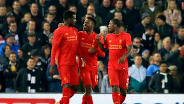 LIVERPOOL, ENGLAND - OCTOBER 25: Daniel Sturridge of Liverpool (C) celebrates scoring his sides first goal with his Liverpool team mates during the EFL Cup fourth round match between Liverpool and Tottenham Hotspur at Anfield on October 25, 2016 in Liverpool, England. (Photo by Jan Kruger/Getty Images)
