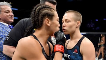 NEW YORK, NY - NOVEMBER 04: Rose Namajunasand Joanna Jedrzejczyk of Poland face off before their UFC women's strawweight championship bout during the UFC 217 event at Madison Square Garden on November 4, 2017 in New York City. (Photo by Josh Hedges/Zuffa LLC/Zuffa LLC via Getty Images)
