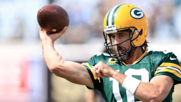 JACKSONVILLE, FLORIDA - SEPTEMBER 12: Aaron Rodgers #12 of the Green Bay Packers warms up prior to the game against the New Orleans Saints at TIAA Bank Field on September 12, 2021 in Jacksonville, Florida. (Photo by Sam Greenwood/Getty Images)