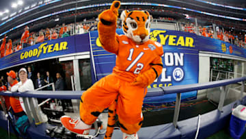 ARLINGTON, TEXAS - DECEMBER 29: The Clemson Tigers mascot gestures in the first half against the Notre Dame Fighting Irish during the College Football Playoff Semifinal Goodyear Cotton Bowl Classic at AT&T Stadium on December 29, 2018 in Arlington, Texas. (Photo by Ron Jenkins/Getty Images)