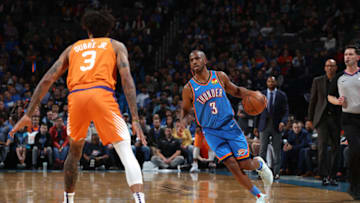 OKLAHOMA CITY, OK- DECEMBER 20: Chris Paul #3 of the Oklahoma City Thunder drives to the basket against the Phoenix Suns on December 20, 2019 at Chesapeake Energy Arena in Oklahoma City, Oklahoma. NOTE TO USER: User expressly acknowledges and agrees that, by downloading and or using this photograph, User is consenting to the terms and conditions of the Getty Images License Agreement. Mandatory Copyright Notice: Copyright 2019 NBAE (Photo by Zach Beeker/NBAE via Getty Images)