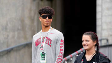 Sep 3, 2022; Columbus, Ohio, USA; Ohio State Buckeye recruit QB Tavien St. Clair (2025) before the NCAA football game between Ohio State Buckeyes and Notre Dame Fighting Irish at Ohio Stadium.Osufb Recruits Kwr13