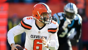 CLEVELAND, OH - DECEMBER 09: Baker Mayfield #6 of the Cleveland Browns looks to pass during the first quarter against the Carolina Panthers at FirstEnergy Stadium on December 9, 2018 in Cleveland, Ohio. (Photo by Jason Miller/Getty Images)