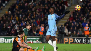 HULL, ENGLAND - DECEMBER 26: Kelechi Iheanacho of Manchester City celebrates scoring his team's second goal during the Premier League match between Hull City and Manchester City at KCOM Stadium on December 26, 2016 in Hull, England. (Photo by Nigel Roddis/Getty Images)