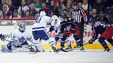 COLUMBUS, OH - NOVEMBER 23: Markus Hannikainen #37 of the Columbus Blue Jackets flips the puck past Frederik Andersen #31 of the Toronto Maple Leafs for a goal during the third period on November 23, 2018 at Nationwide Arena in Columbus, Ohio. Columbus defeated Toronto 4-2. (Photo by Kirk Irwin/Getty Images)