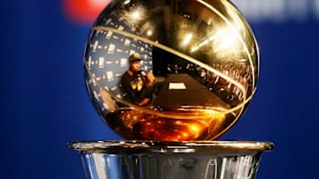 CLEVELAND, CA - JUN 8: the Larry O'Brien trophy is seen at the post game media session after the Golden State Warriors defeating the Cleveland Cavaliers for the NBA Championship in Game Four of the 2018 NBA Finals won 108-85 by the Golden State Warriors over the Cleveland Cavaliers at the Quicken Loans Arena on June 6, 2018 in Cleveland, Ohio. NOTE TO USER: User expressly acknowledges and agrees that, by downloading and or using this photograph, User is consenting to the terms and conditions of the Getty Images License Agreement. Mandatory Copyright Notice: Copyright 2018 NBAE (Photo by Chris Elise/NBAE via Getty Images)