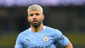 MANCHESTER, ENGLAND - OCTOBER 17: Sergio Aguero of Manchester City in action during the Premier League match between Manchester City and Arsenal at Etihad Stadium on October 17, 2020 in Manchester, England. Sporting stadiums around the UK remain under strict restrictions due to the Coronavirus Pandemic as Government social distancing laws prohibit fans inside venues resulting in games being played behind closed doors. (Photo by Michael Regan/Getty Images)