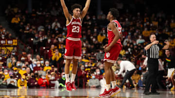 MINNEAPOLIS, MN - FEBRUARY 27: Trayce Jackson-Davis #23 celebrates a dunk by Jordan Geronimo #22 of the Indiana Hoosiers (Photo by David Berding/Getty Images)