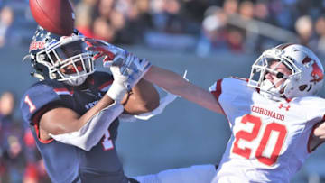 Lubbock Coronado's Tucker Gideon breaks up a pass intended for Denton Ryan's Ja'tavion Sanders in the end zone. Gideon was called for pass interference on the play. Ryan beat Coronado 56-14 in the Region I-5A Division I area playoff game Saturday, Nov. 23, 2019, at ACU's Wildcat Stadium.Dr 9 Pi In Ez