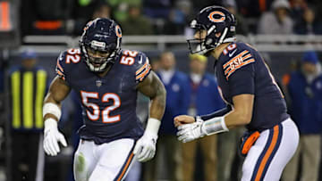 CHICAGO, IL - JANUARY 06: Khalil Mack #52 of the Chicago Bears goes in motion next to Mitchell Trubisky #10 on an offensive play against the Philadelphia Eagles during an NFC Wild Card playoff game at Soldier Field on January 6, 2019 in Chicago, Illinois. The Eagles defeated the Bears 16-15. (Photo by Jonathan Daniel/Getty Images)