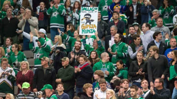 Mar 3, 2015; Dallas, TX, USA; A Dallas Stars fan holds up a ninja sign during the game between the Dallas Stars and the New York Islanders at the American Airlines Center. The Stars defeated the Islanders 3-2 in overtime. Mandatory Credit: Jerome Miron-USA TODAY Sports