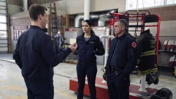 CHICAGO FIRE -- "Put White On Me" Episode 617 -- Pictured: (l-r) Jesse Spencer as Matthew Casey, Miranda Rae Mayo as Stella Kidd, David Eigenberg as Christopher Herrmann -- (Photo by: Elizabeth Morris/NBC)