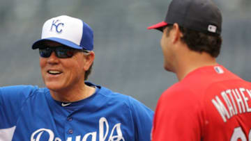KANSAS CITY, MO - MAY 28: Manager Ned Yost #3 of the Kansas City Royals talks with manager Mike Matheny #22 of the St. Louis Cardinals during bating practice prior to an interleague game against the St. Louis Cardinals at Kauffman Stadium on May 28, 2013 in Kansas City, Missouri. (Photo by Ed Zurga/Getty Images)