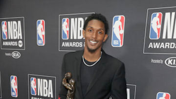 SANTA MONICA, CA - JUNE 25: 6th Man Award winner Lou Williams poses with his award at the 2018 NBA Awards at Barkar Hangar on June 25, 2018 in Santa Monica, California. (Photo by Joe Scarnici/Getty Images for Turner Sports)