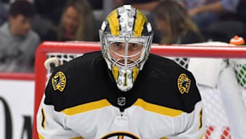 Oct 4, 2021; Philadelphia, Pennsylvania, USA; Boston Bruins goaltender Jeremy Swayman (1) against the Philadelphia Flyers at Wells Fargo Center. Mandatory Credit: Eric Hartline-USA TODAY Sports
