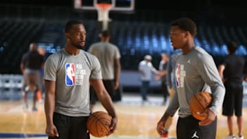 JOHANNESBURG, SOUTH AFRICA - AUGUST 4: Kemba Walker and Kyle Lowry of Team World practices for the 2017 Africa Game as part of the Basketball Without Borders Africa at the Ticketpro Dome on August 4, 2017 in Gauteng province of Johannesburg, South Africa. NOTE TO USER: User expressly acknowledges and agrees that, by downloading and or using this photograph, User is consenting to the terms and conditions of the Getty Images License Agreement. Mandatory Copyright Notice: Copyright 2017 NBAE (Photo by Nathaniel S. Butler/NBAE via Getty Images)