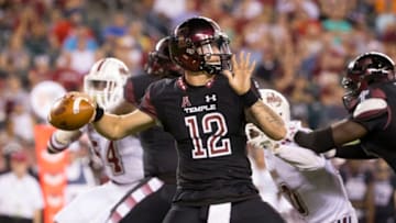 PHILADELPHIA, PA - SEPTEMBER 15: Logan Marchi #12 of the Temple Owls throws a pass in the second quarter against the Massachusetts Minutemen at Lincoln Financial Field on September 15, 2017 in Philadelphia, Pennsylvania. (Photo by Mitchell Leff/Getty Images)