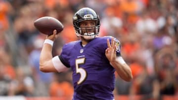 Sep 18, 2016; Cleveland, OH, USA; Baltimore Ravens quarterback Joe Flacco (5) completes a pass against the Cleveland Browns during the second quarter at FirstEnergy Stadium. Mandatory Credit: Scott R. Galvin-USA TODAY Sports
