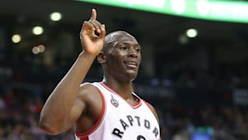 Mar 10, 2016; Toronto, Ontario, CAN; Toronto Raptors center Bismack Biyombo (8) wags his finger after blocking a shot by Atlanta Hawks player Paul Millsap (not pictured) at Air Canada Centre. The Raptors beat the Hawks 104-96. Mandatory Credit: Tom Szczerbowski-USA TODAY Sports