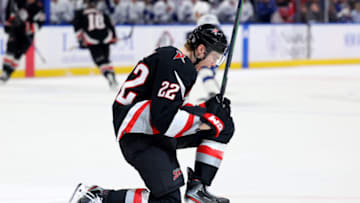 Mar 4, 2023; Buffalo, New York, USA; Buffalo Sabres right wing Jack Quinn (22) reacts after scoring a goal during the second period against the Tampa Bay Lightning at KeyBank Center. Mandatory Credit: Timothy T. Ludwig-USA TODAY Sports