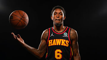 Sep 27, 2021; Atlanta, GA, USA; Atlanta Hawks guard Lou Williams (6) pictured at Hawks Media Day held at PC&E. Mandatory Credit: Dale Zanine-USA TODAY Sports