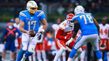 MEXICO CITY, MEXICO - NOVEMBER 18: Quarterback Philip Rivers #17 of Los Angeles Chargers runs with the ball on second half of a match against Kansas City Chiefs at Estadio Azteca on November 18, 2019 in Mexico City, Mexico. (Photo by Manuel Velasquez/Getty Images)