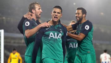 BRIGHTON, ENGLAND - SEPTEMBER 22: Erik Lamela of Tottenham celebrates scoring their 2nd goal with his team during the Premier League match between Brighton & Hove Albion and Tottenham Hotspur at American Express Community Stadium on September 22, 2018 in Brighton, United Kingdom. (Photo by Mark Leech/Offside/Getty Images)