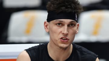 Jun 4, 2023; Denver, CO, USA; Miami Heat guard Tyler Herro (14) warms up before game two against the Denver Nuggets in the 2023 NBA Finals at Ball Arena. Mandatory Credit: Isaiah J. Downing-USA TODAY Sports