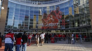 Nov 1, 2014; Houston, TX, USA; Fans arrive at Toyota Center before a game between the Houston Rockets and the Boston Celtics. Mandatory Credit: Troy Taormina-USA TODAY Sports