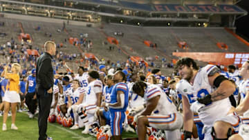 Florida Gators head coach Billy Napier talks with the team after the game during the Florida Gators Orange and Blue Spring Game at Steve Spurrier Field at Ben Hill Griffin Stadium in Gainesville, FL on Thursday, April 13, 2023. [Matt Pendleton/Gainesville Sun]Ncaa Football Florida Gators Orange Blue Spring Game