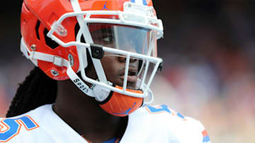 Apr 13, 2019; Gainesville, FL, USA; Florida Gators quarterback Emory Jones (5) during the first quarter at Ben Hill Griffin Stadium at Florida Field. Mandatory Credit: Kim Klement-USA TODAY Sports