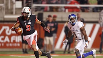 SALT LAKE CITY, UT - SEPTEMBER 16: Wide receiver Darren Carrington II #9 of the Utah Utes runs past cornerback Jermaine Kelly #3 of the San Jose State Spartans for a touchdown during the second half of an college football game September 16, 2017 at Rice Eccles Stadium in Salt Lake City, Utah. Utah defeated San Jose 54-16. (Photo by George Frey/Getty Images)